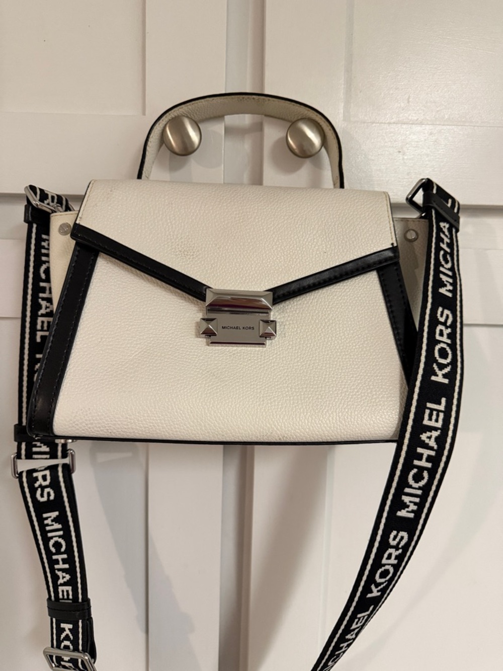 Michael Kors White and Black Leather small Satchel with Logo Strap